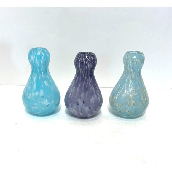 Set Of 3 Handblown Art Glass Studio Bud Vases/Bottles Blue & Purple 5" High - Picture 4 of 9